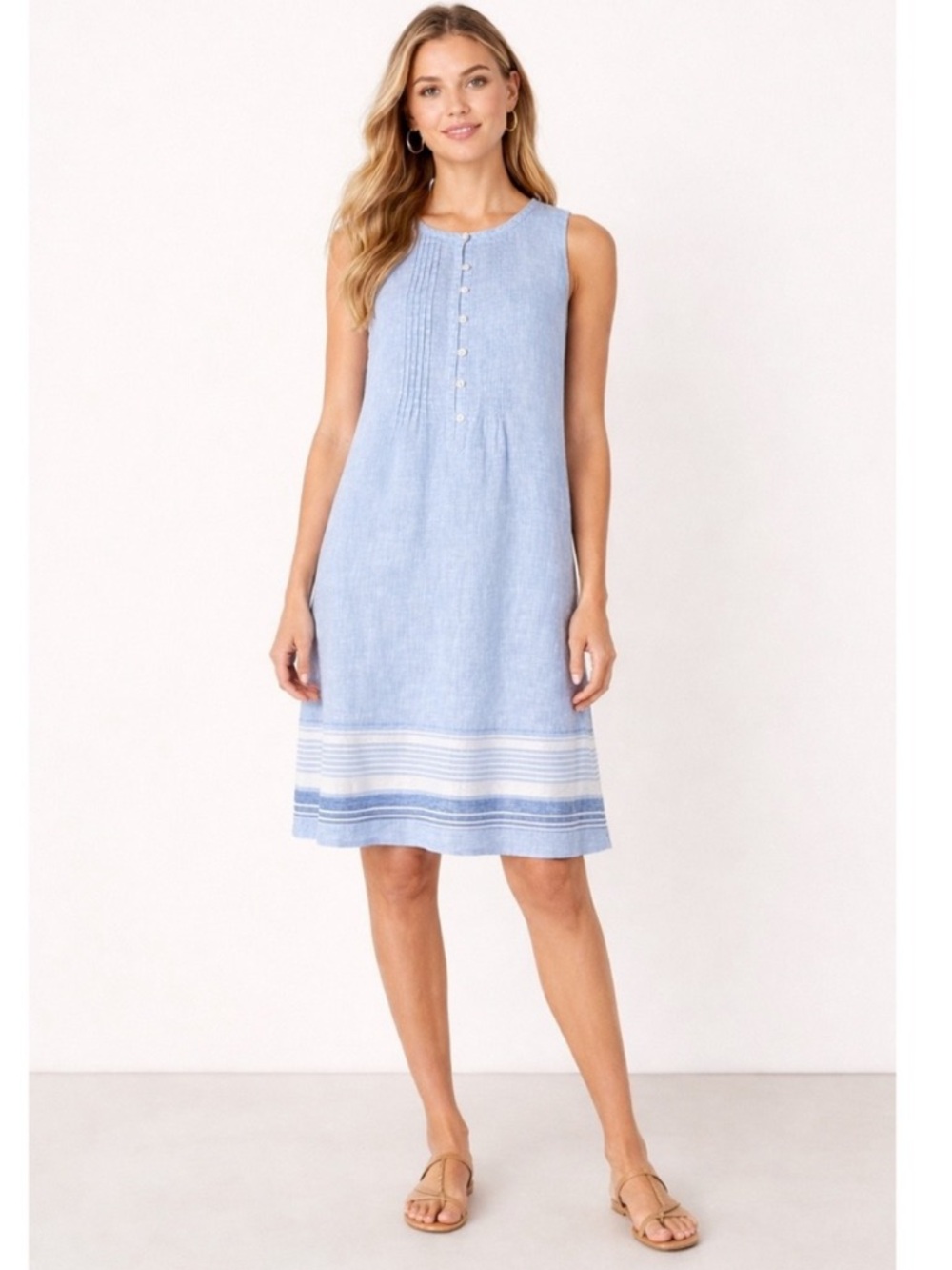 Talbots Petite  Dress Blue Linen Striped Hem Pintuck Sleeveless Shift 4P